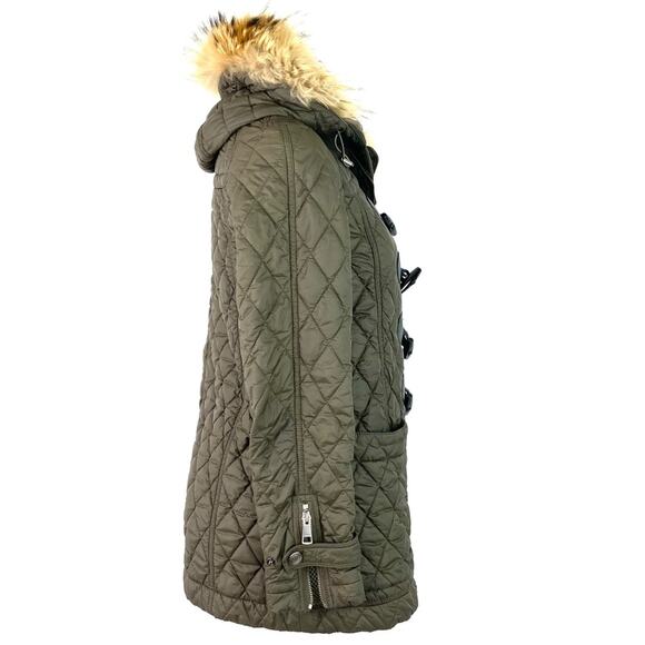 BURBERRY BRIT OLIVE GREEN QUILTED Lansdowne TOGGLE COAT XS W/ REMOVABLE FUR TRIM - Picture 4 of 12